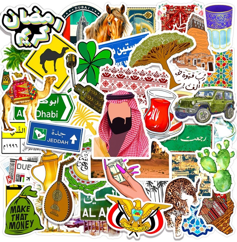 maffick 4-Pack Middle Eastern & Saudi Theme Sticker Box Set - Waterproof Vinyl Decals for Laptops, Flasks & Luggage - Includes National Day, Arabic Calligraphy & Funny Cartoon Designs - Reusable DIY Gift Kit - Image 3